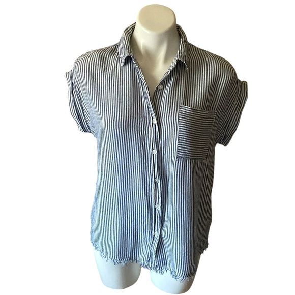 Altar’d Blue Striped Linen Blend Short Sleeve Raw Hem Button Down Blouse Size XS - Picture 1 of 6